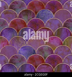Mermaid pèse-poisson vague japonais luxueux coloré sans couture motif. Aquarelle à la main, fond rose violet avec ligne dorée. Echelle d'aquarelle sha Banque D'Images