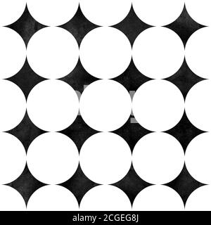 Motif géométrique abstrait sans couture. Aquarelle monochrome minimaliste en noir et blanc avec des formes et des figures simples. Les cercles d'aquarelle se déchappent Banque D'Images