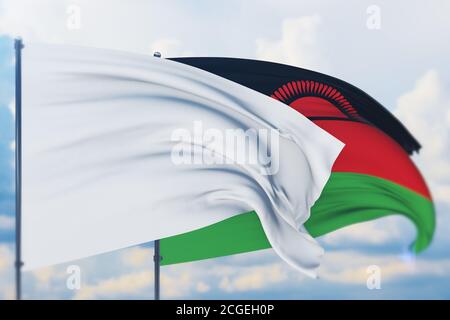 Drapeau blanc sur le mât agitant dans le vent et drapeau du Malawi. Vue en gros plan, illustration 3D. Banque D'Images