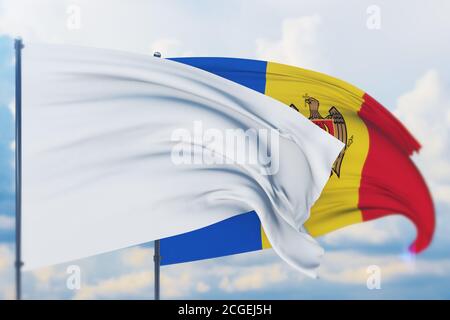 Drapeau blanc sur le mât agitant dans le vent et drapeau de la Moldavie. Vue en gros plan, illustration 3D. Banque D'Images