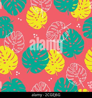 Motif fleuri sans coutures de feuilles tropicales dans un style plat. Fond coloré de feuilles de Monstera sans fin pour l'impression textile, les tissus, le papier d'emballage, la saison Illustration de Vecteur