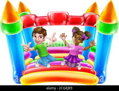 Bouncy House Castle Jumping Girl Boy enfants Cartoon Illustration de Vecteur