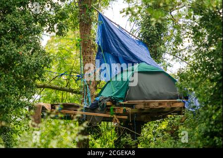 Denham, Buckinghamshire, Royaume-Uni. 8 septembre 2020. Une tente sur une plate-forme en hauteur dans les arbres où les protecteurs d'arbres sont entroués. Une nouvelle injuction interdisant aux militants écologistes et aux protecteurs d'arbres de la terre dans le parc national de Denham a été accordée à HS2. L'équipe nationale d'expulsion et les officiers de police de liaison se trouvaient aujourd'hui sur le site de HS2, à côté du camp de protection de HS2 Denham, alors qu'une jeune femme protège-arbres a escaladé l'un des nombreux arbres à abattre par HS2. La très controversée liaison ferroviaire à grande vitesse HS2 est réglée pour endommager ou détruire 108 anciennes terres boisées. Crédit : Maureen McLean/Alay Banque D'Images