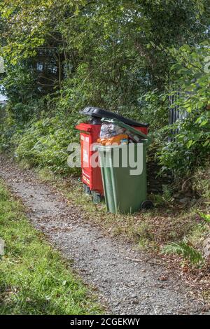 BIFFA poubelle à roulettes et poubelle verte hors du pays de résidence et en attente de collecte. Pour les déchets domestiques, la collecte des déchets ruraux, pile de déchets. Banque D'Images