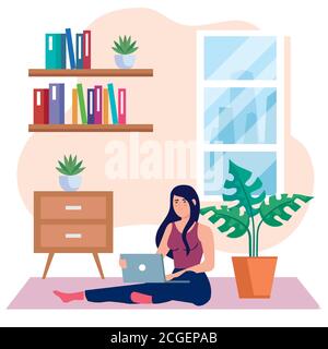 travail à domicile, freelance jeune femme assise dans le sol, travaillant à la maison sur un rythme détendu, un lieu de travail pratique Illustration de Vecteur