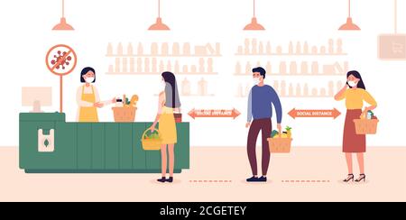 Distance sociale dans une boutique ou un magasin public illustration de vecteur plat. Homme de dessin animé femme acheteur gens magasiner dans une épicerie ou un supermarché, debout dans la ligne, distancer dans un arrière-plan de distance préventive Illustration de Vecteur