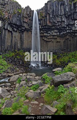 Eau floue qui coule dans les colonnes de basalte à la cascade de Svartifoss à Skaftafell, dans le parc national de Vatnajokull, en Islande. L'eau atterrit dans une piscine en contrebas. Banque D'Images