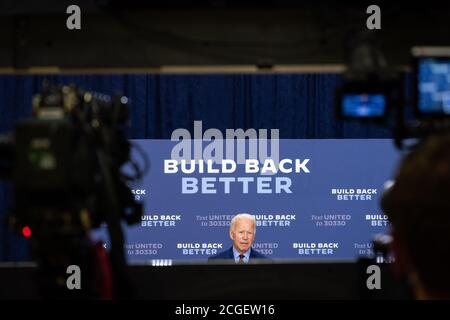 WILMINGTON, PA, Etats-Unis - 04 septembre 2020 - Joe Biden, candidat démocrate à la présidence des Etats-Unis, lors d'une conférence de presse sur « l'état de l'économie américaine annd Job » Banque D'Images