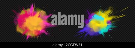 Poudre Holi peint des nuages colorés ou des explosions, des éclaboussures d'encre, colorant décoratif vibrant pour festival isolé sur fond transparent, vacances indiennes traditionnelles. Illustration vectorielle 3d réaliste Illustration de Vecteur