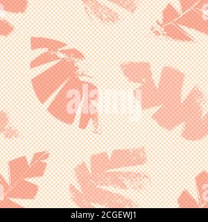 Le style d'impression monochrome laisse un arrière-plan de motif vectoriel transparent. Feuillage texturé coupé dans les tons de rose sur fond pastel. Fait à la main Illustration de Vecteur