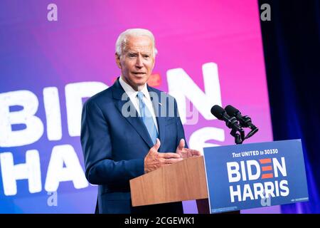 WILMINGTON, PA, Etats-Unis - 02 septembre 2020 - Joe Biden, candidat démocrate à la présidence des Etats-Unis, lors d'une conférence de presse sur « concernant la réouverture de la Safe School » à Banque D'Images