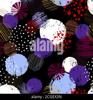 motif d'arrière-plan transparent, avec cercles/points, traits et éclaboussures, sur le noir Illustration de Vecteur