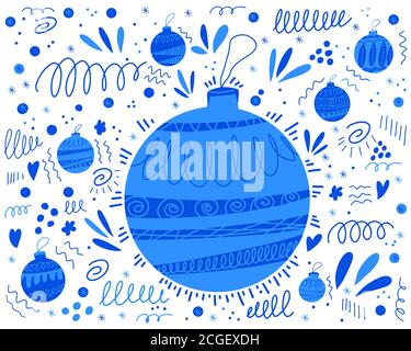 Arrière-plan à motif Doodle avec jouets en forme d'arbre de noël bleu et éléments abstraits. Illustration pour les tirages, les cartes de vœux, le tissu. Isolé sur blanc Illustration de Vecteur