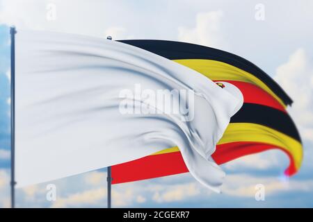 Drapeau blanc sur le mât agitant dans le vent et drapeau de l'Ouganda. Vue en gros plan, illustration 3D. Banque D'Images