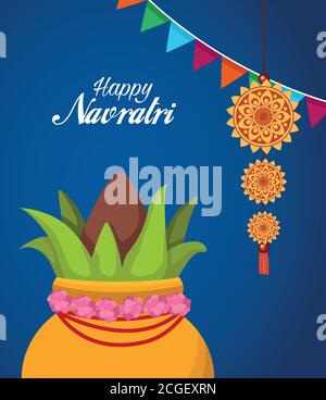 bonne carte de célébration navratri avec lettrage et plante dans le pot illustration vectorielle Illustration de Vecteur