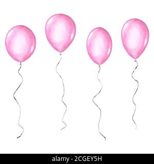 Ensemble de couleur rose aquarelle Happy Holiday brillant hélium air ballons isolés sur fond blanc. Illustration de fête à motif aquarelle dessiné à la main Illustration de Vecteur