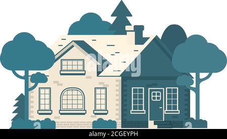 Maison rurale. Chalet et arbres. Paysage d'été maison de campagne. Vecteur plat. Illustration de Vecteur