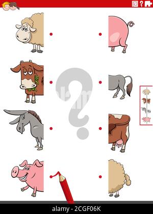 Dessin animé Illustration de la tâche éducative de faire correspondre des moitiés de photos Avec des personnages animaux de ferme amusants Illustration de Vecteur