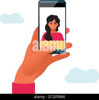 Femme prenant une photo de selfie sur un smartphone. Illustration de dessin animé vectoriel Illustration de Vecteur