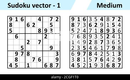 Sudoku jeu avec réponses. Ensemble de conception vectorielle simple Sudoku. Modèle vide. La complexité de la tâche est moyenne. Illustration de Vecteur
