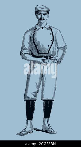 Joueur de baseball d'époque avec vue frontale et ballon, isolé sur fond bleu pâle, d'après une illustration antique du XIXe siècle Illustration de Vecteur