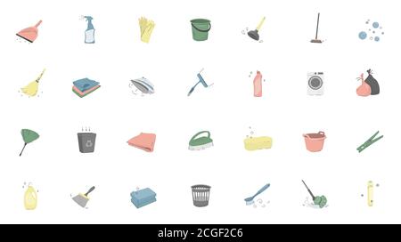 Kit d'illustrations de service de nettoyage. Blanchisserie et nettoyage à sec Illustration de Vecteur