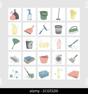 Icônes vectorielles colorées des produits de nettoyage et de nettoyage. Pour le design et la décoration. Illustration de Vecteur