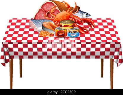 Fruits de mer avec des aliments en conserve ou transformés dans un groupe la table avec l'illustration de la nappe à motif quadrillé Illustration de Vecteur