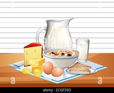 Céréales pour le petit déjeuner dans un bol avec un pot de lait dans un sur l'illustration du tableau Illustration de Vecteur