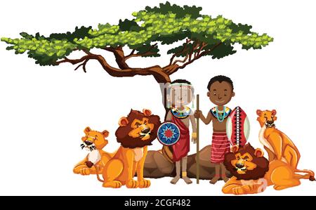 Les ethnies des tribus africaines et l'illustration des animaux sauvages Illustration de Vecteur