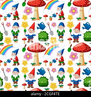 Gnome et icône de jardin sans couture avec arc-en-ciel dans un style de dessin animé illustration Illustration de Vecteur