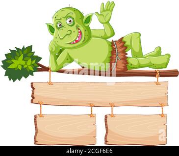 Le goblin vert ou le troll sourit tout en étant allongé sur l'arbre avec bannière vierge dans une illustration à caractère de dessin animé isolé Illustration de Vecteur