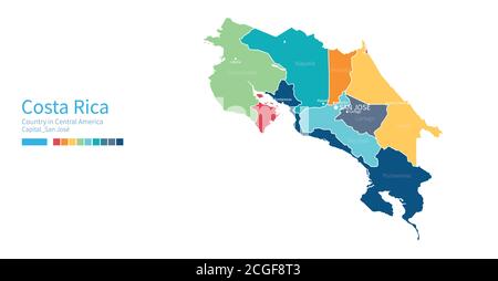 Carte du Costa rica. Carte vectorielle détaillée et colorée du pays d'amérique centrale et des Caraïbes. Illustration de Vecteur