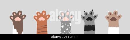 Collection de pattes de chat moelleuses. Ensemble de différentes silhouettes de pied de chaton mignonnes isolées sur fond blanc. Animaux et animaux de compagnie concept. Illustration vectorielle dans Illustration de Vecteur