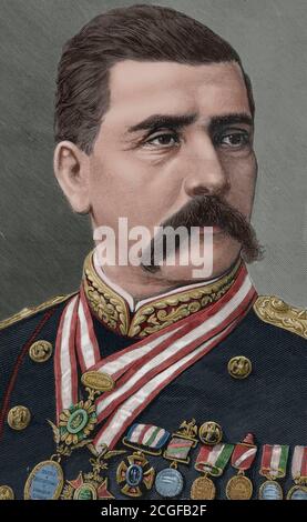 Porfirio Díaz (1830-1915). Militar mexicano. Presidente de México en siete ocasiones, ocupando la presidencia durante treinta años, siendo conocido el período como Porfiriato. Grabado por Arturo Carretero (1852-1903). Coloreado. La Ilustración Española y Americana,8 de noviembre de 1884. Banque D'Images