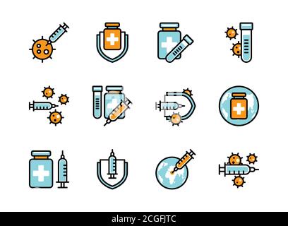Covid-19 ensemble d'icônes de vaccin style colorline. Affiche et symbole pour websit, imprimé, autocollant, bannière, affiche. Illustration de Vecteur