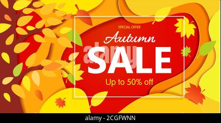 Bright Banner ventes d'automne avec feuilles. Dans des tons de rouge jaune. Illustrations vectorielles, art papier et artisanat numérique. Illustration de Vecteur