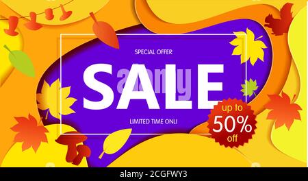 Bright Banner ventes d'automne avec feuilles. Dans des tons de rouge jaune. Illustrations vectorielles, art papier et artisanat numérique. Illustration de Vecteur