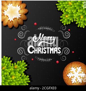 Carte avec biscuits, branches de sapin et lettrage Joyeux Noël sur tableau de craie illustration vectorielle Banque D'Images