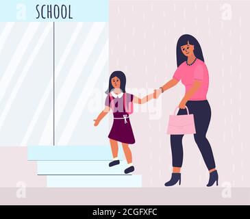 la mère et la fille vont à l'école. brunette mère en jeans bleu conduit une petite fille dans une robe de bordeaux et une ceinture blanche à la main. Illustration de Vecteur