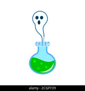 Ghost s'échappe d'une bouteille en verre. Potion magique verte avec le fantôme qui sort. Joyeux Halloween. Fantôme dans la fiole de verre. Alchimie avec hôte sympathique Illustration de Vecteur