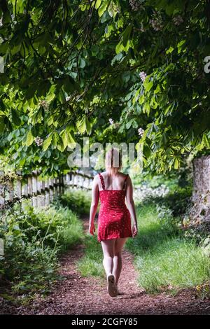 Une jeune femme marchant dans une robe rouge le long d'un sentier déserté de campagne couvert par des arbres suspendus et des feuilles avec des taches de lumière du soleil brisant la canopée. Banque D'Images