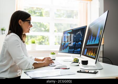 Femmes analystes regardant les données KPI sur l'écran de l'ordinateur Banque D'Images