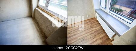 Chambre dans l'appartement avant et après les travaux de rénovation, vieux et nouveau seuil de fenêtre, bois stratifié texturé, concept de rénovation Banque D'Images