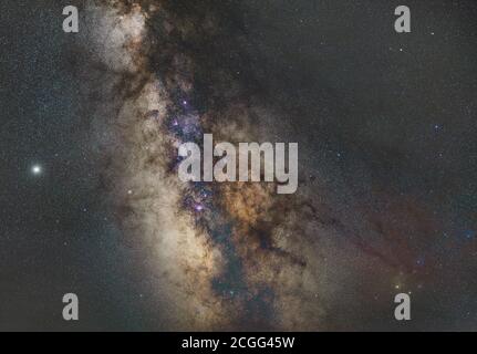 Grand panorama de la voie lactée avec Jupiter sur la gauche Et le complexe d'étoiles Rho Ophiuchi en bas à droite Banque D'Images