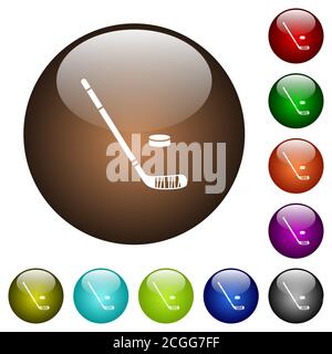 Icônes de bâton de hockey et de rondelle blanche sur boutons ronds en verre en plusieurs couleurs Illustration de Vecteur