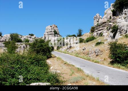 Vue sur montagnes karstiques en parc national El Torcal, Torcal de Antequera, la province de Malaga, Andalousie, Espagne, Europe de l'Ouest. Banque D'Images