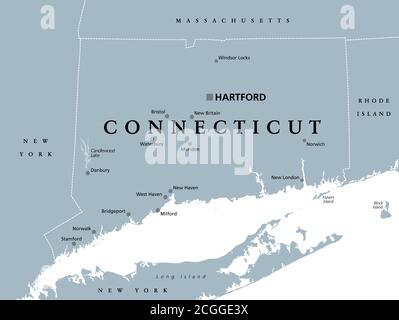 Connecticut, carte politique avec la capitale Hartford. État du Connecticut, Connecticut, État le plus au sud de la Nouvelle-Angleterre, dans le nord-est des États-Unis. Banque D'Images