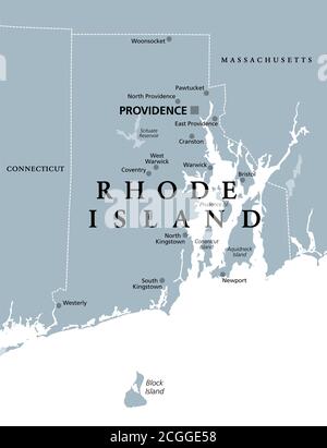 Rhode Island, carte politique avec la capitale Providence. Etat de Rhode Island et Providence plantations, RI, dans la région de la Nouvelle-Angleterre des États-Unis. Banque D'Images