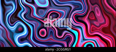 Abstrait coloré rose brillant rouge et bleu couleur néon. Illustration 3D rendu surface ondulée surface panoramique bannière arrière-plan abstrait. Brillant Banque D'Images